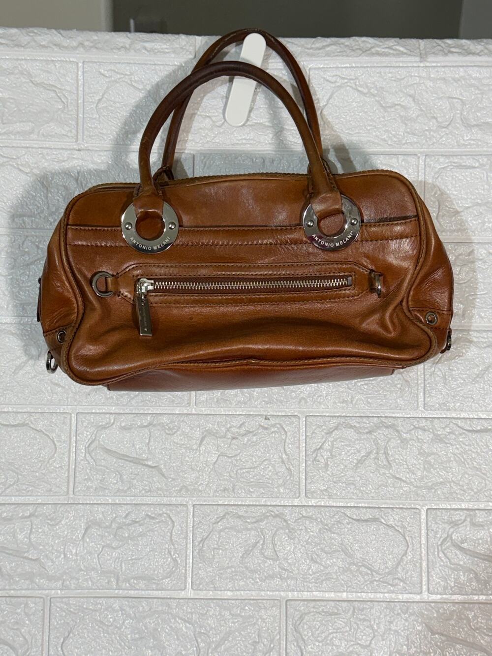 Antonio Melani Brown Satchel Handbag Double Handle Silver Tone Hardware